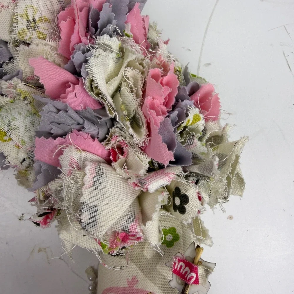 Handmade Shabby Chic Owl Rag Wreath Pink Grey Burlap Roses Nursery Decor 12